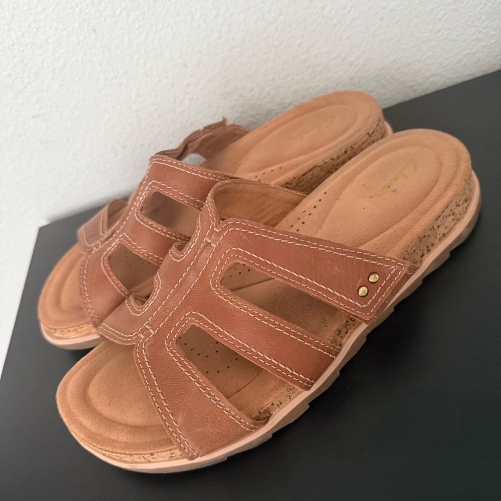 Clarks Womens Yacht Coral Slide Leather Sandals 8.5 Wide